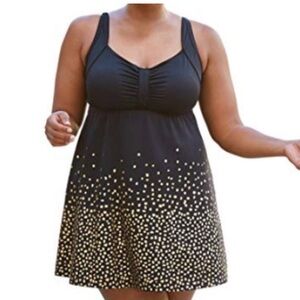NWT Swimsuits For All Gold Dot Retro style Swimdress Plus Size 34 5X black